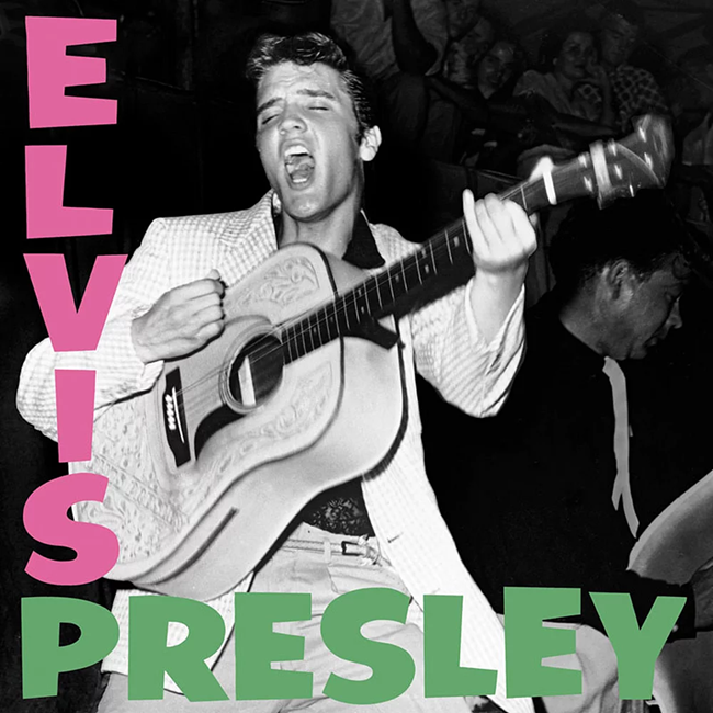 Элвис Пресли на обложке альбома с розовой и зеленой надписью