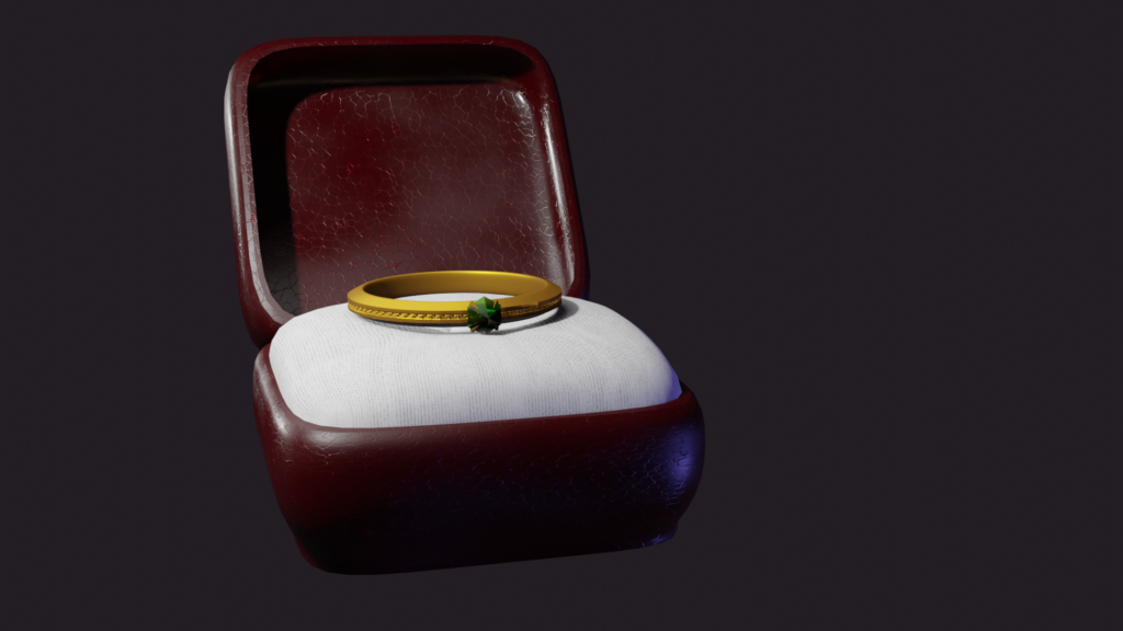 Обручальное кольцо в открытой коробочке, нарисованное в Blender 