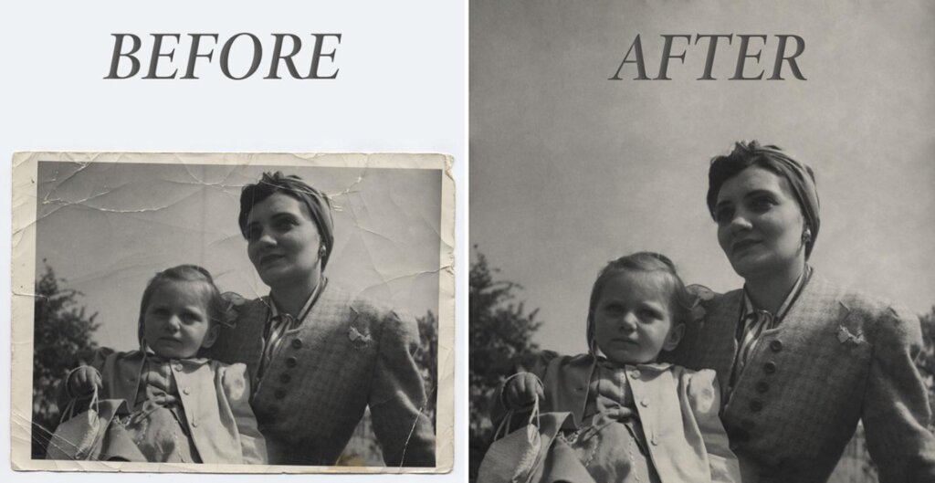 черно-белое фото до и после ретуши