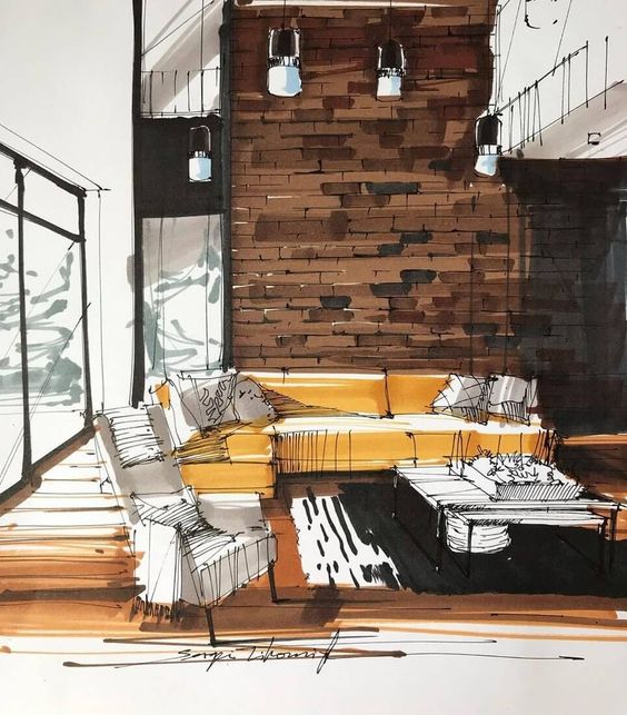 скетч интерьера в стиле лофт в карандашной рисовке с желтым диваном