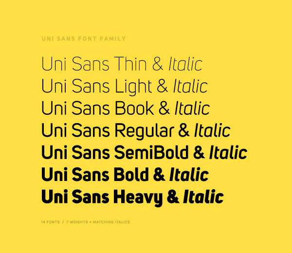 Гарнитура шрифта Uni Sans на желтом фоне