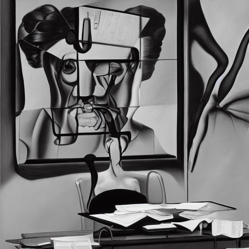 изображение созданное с помощью нейросети офисные будни в стиле Сальвадора Дали черно белые
