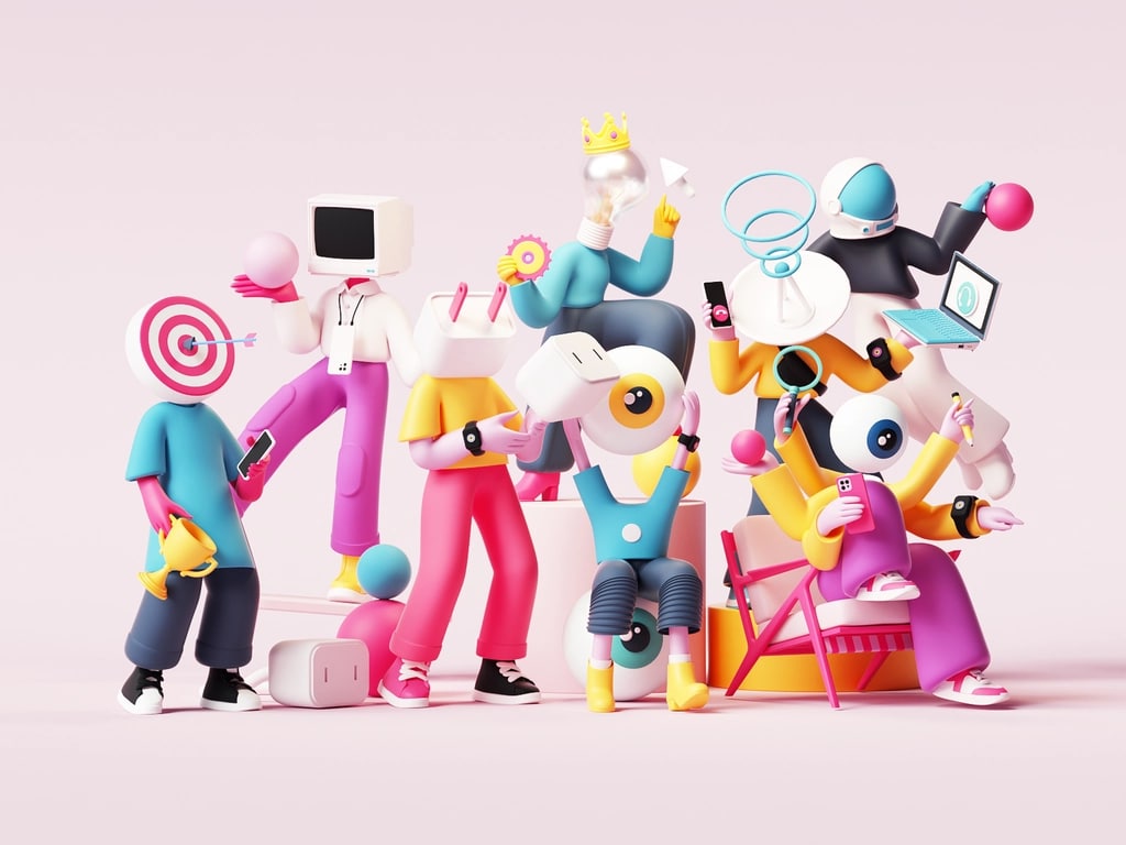 яркая иллюстрация в 3D-графике группа необычных персонажей
