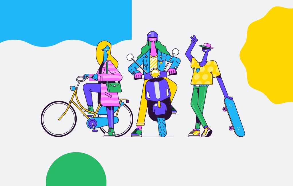 яркая 2D-иллюстрация с компанией на велосипеде и скейте в необычной стилистике с цветными пятнами