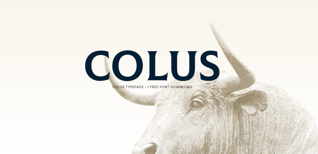 Обложка с использованием шрифта Colus темно синие буквы на бежевом фоне с быком в античной стилистике