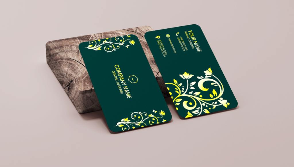 кейс на Behance зеленые визитки с растительным орнаментом