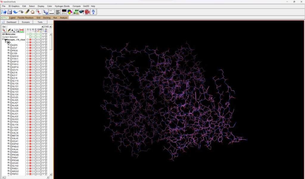 Интерфейс программы AutoDockTools модель раковой клетки на черном фоне