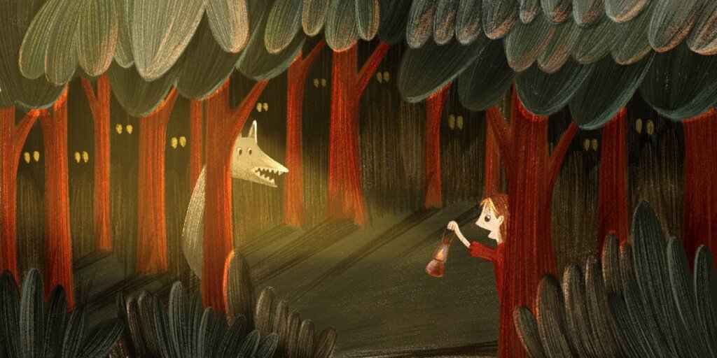 иллюстрация в карандашной рисовке девочка и волк в лесу