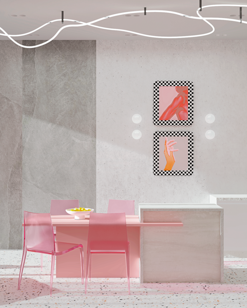 дизайн проект интерьера для девушки кухня в розовых цветах