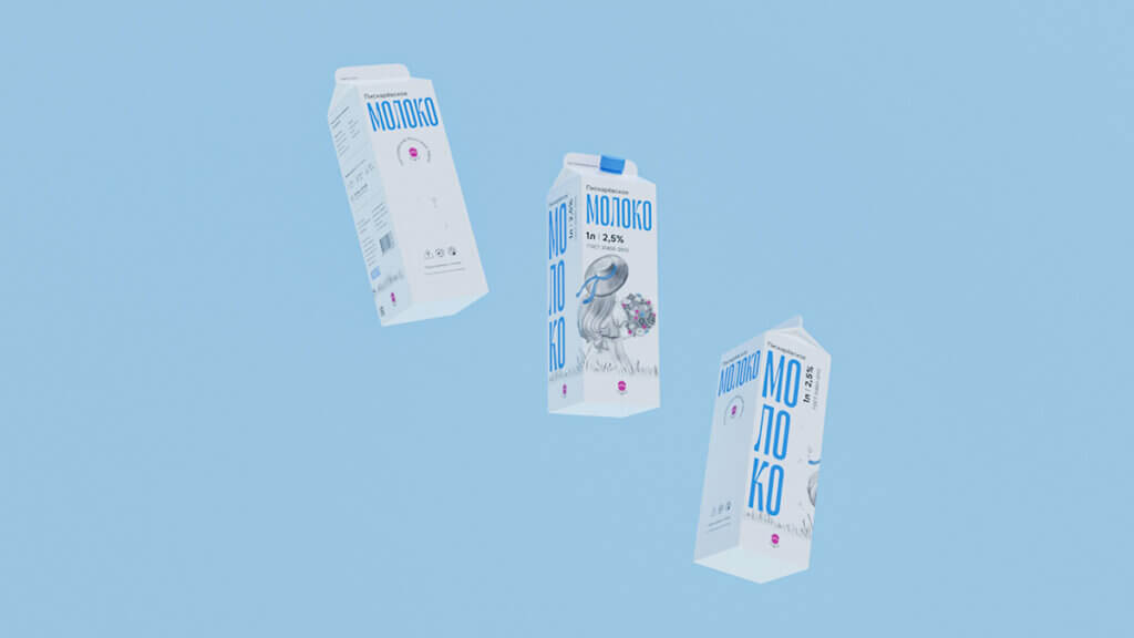 Упаковка молока в бело-голубых тонах