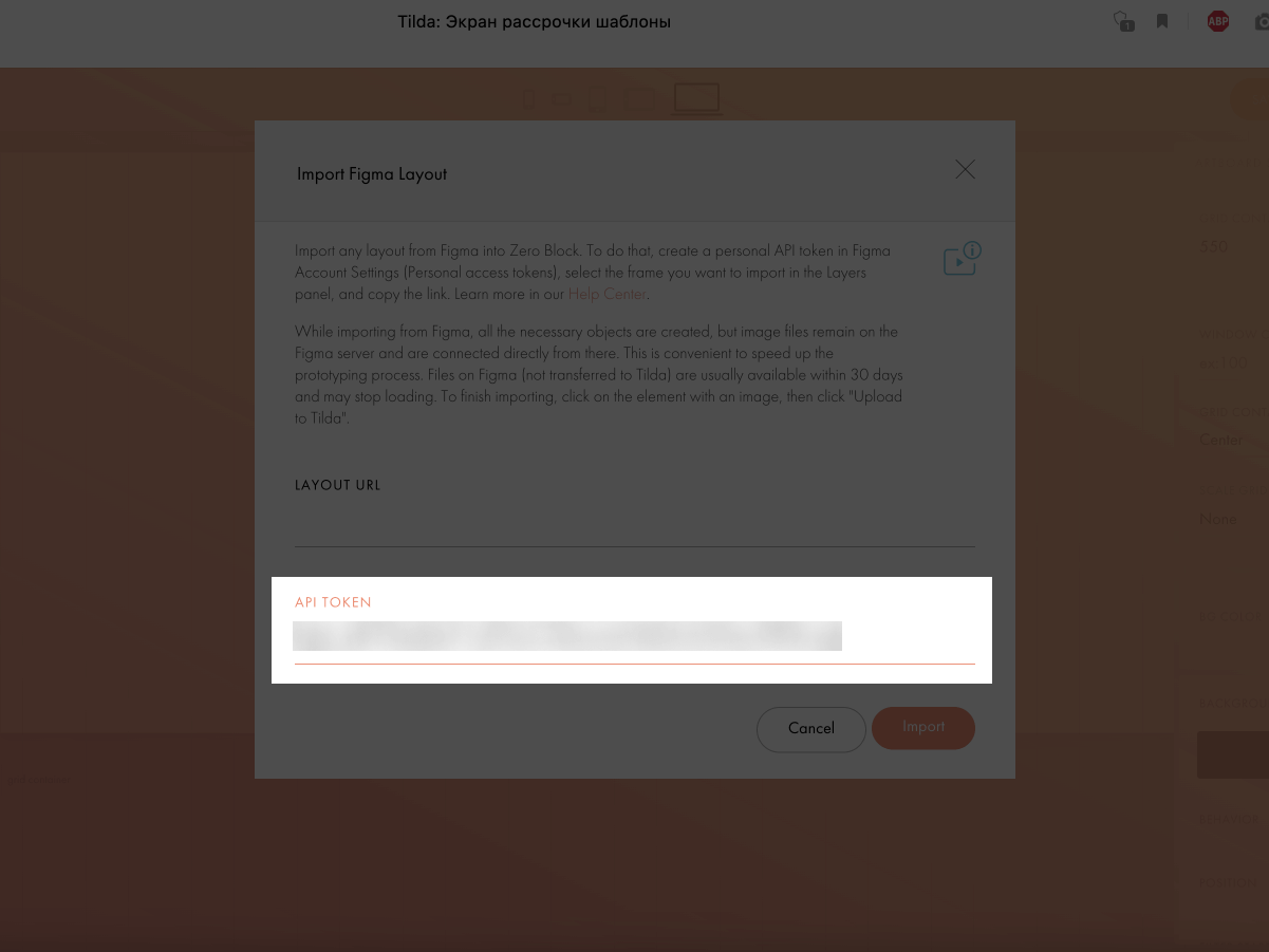 Вставка токена из Figma в поле «API TOKEN»