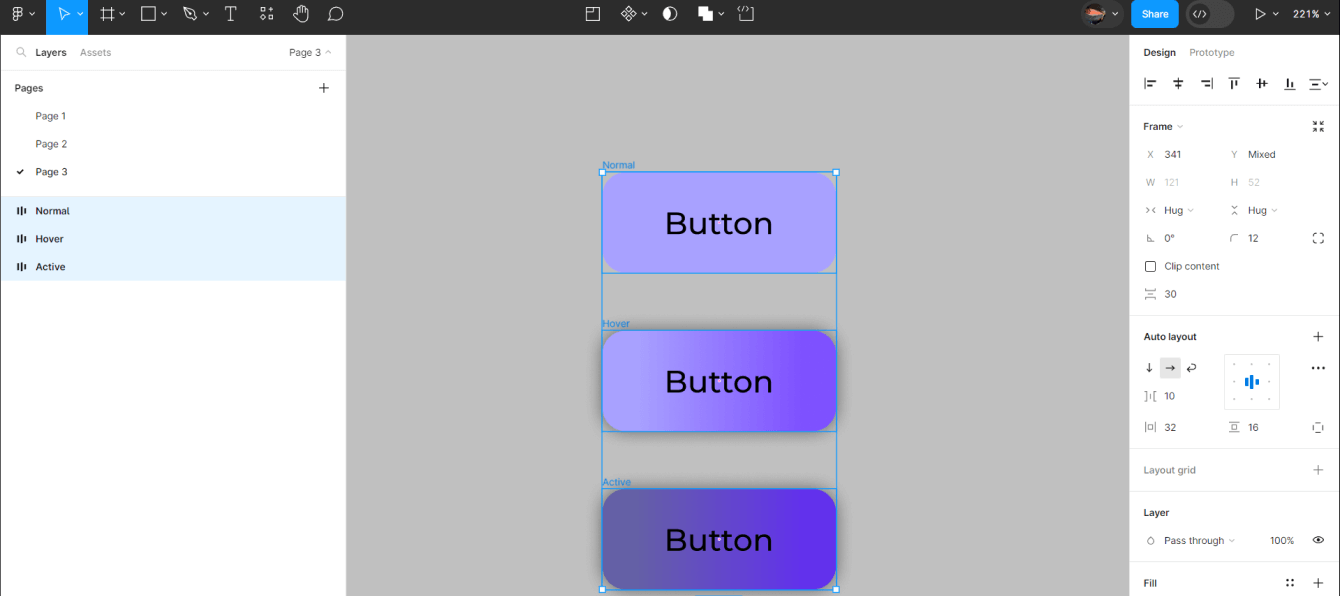 3 варианта кнопки в Figma