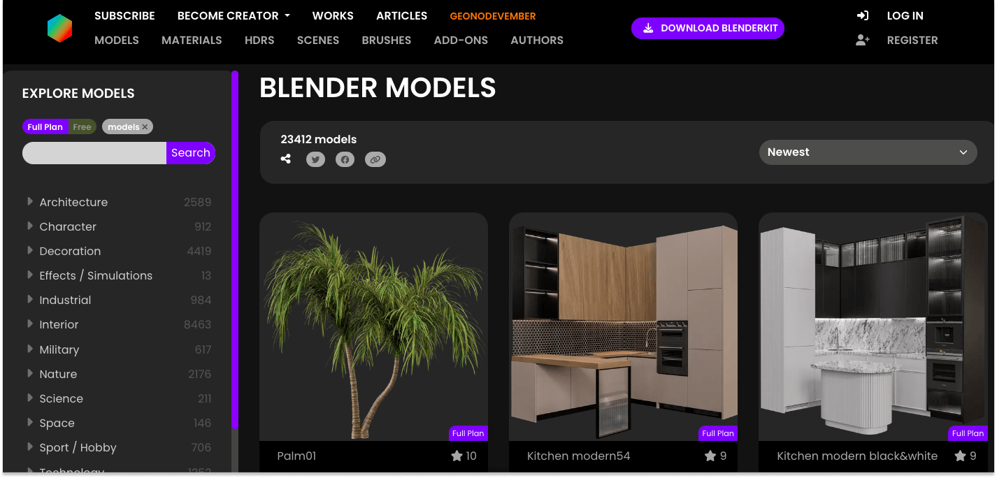 BlenderKit библиотека 3d моделей