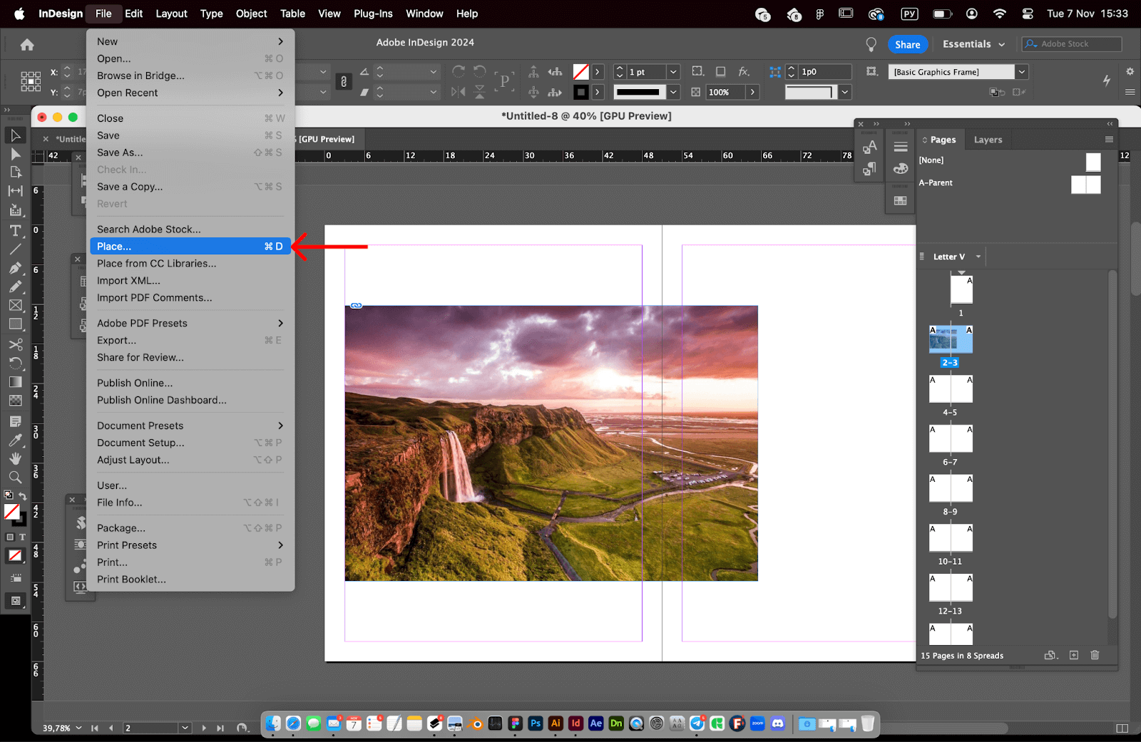 Функция Place для добавления изображения в Adobe InDesign