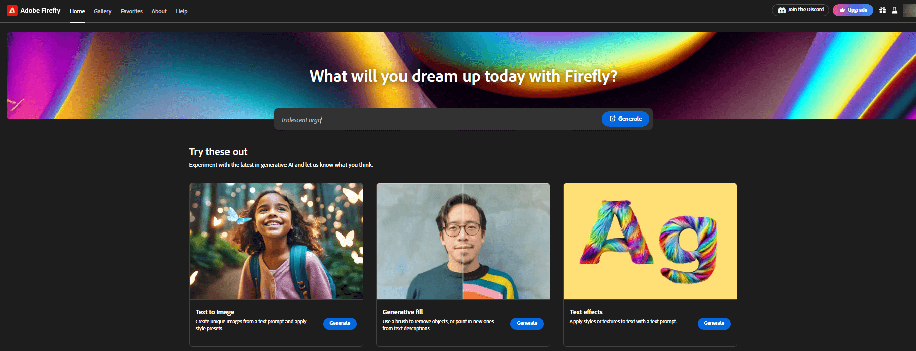 Главная страница Adobe Firefly