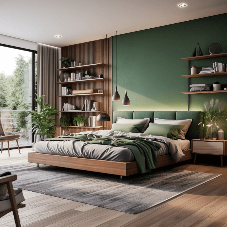 Спальня в зеленых и коричневых оттенках 
