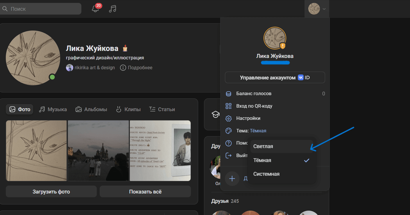выбор темной темы на платформе Вконтакте