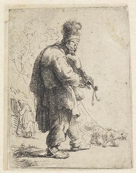 гравюра скрипач с собакой