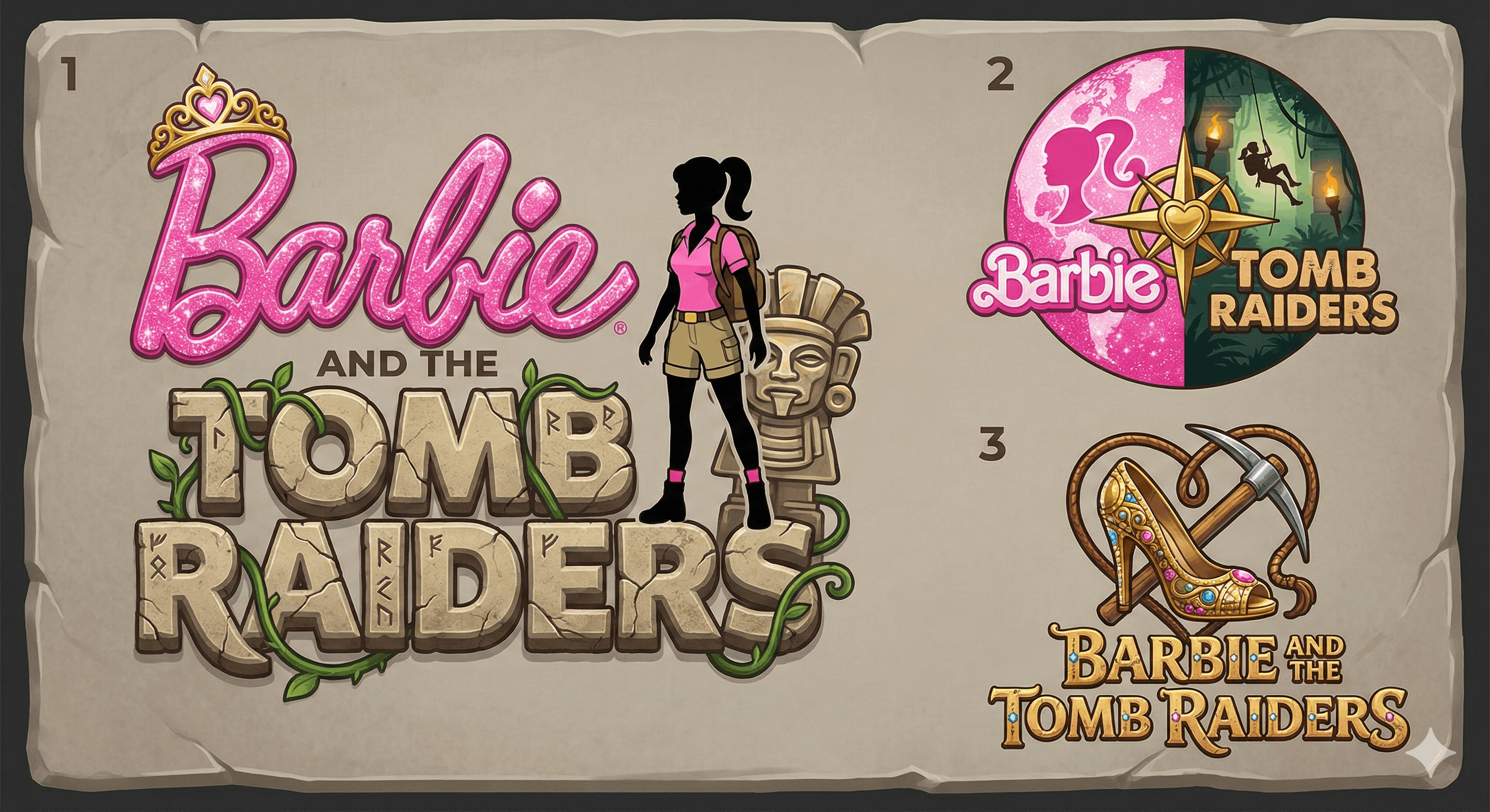 Варианты логотипа для вымышленной игры «Барби и расхитители гробниц», сделанные с помощью нейросети Nano Banana