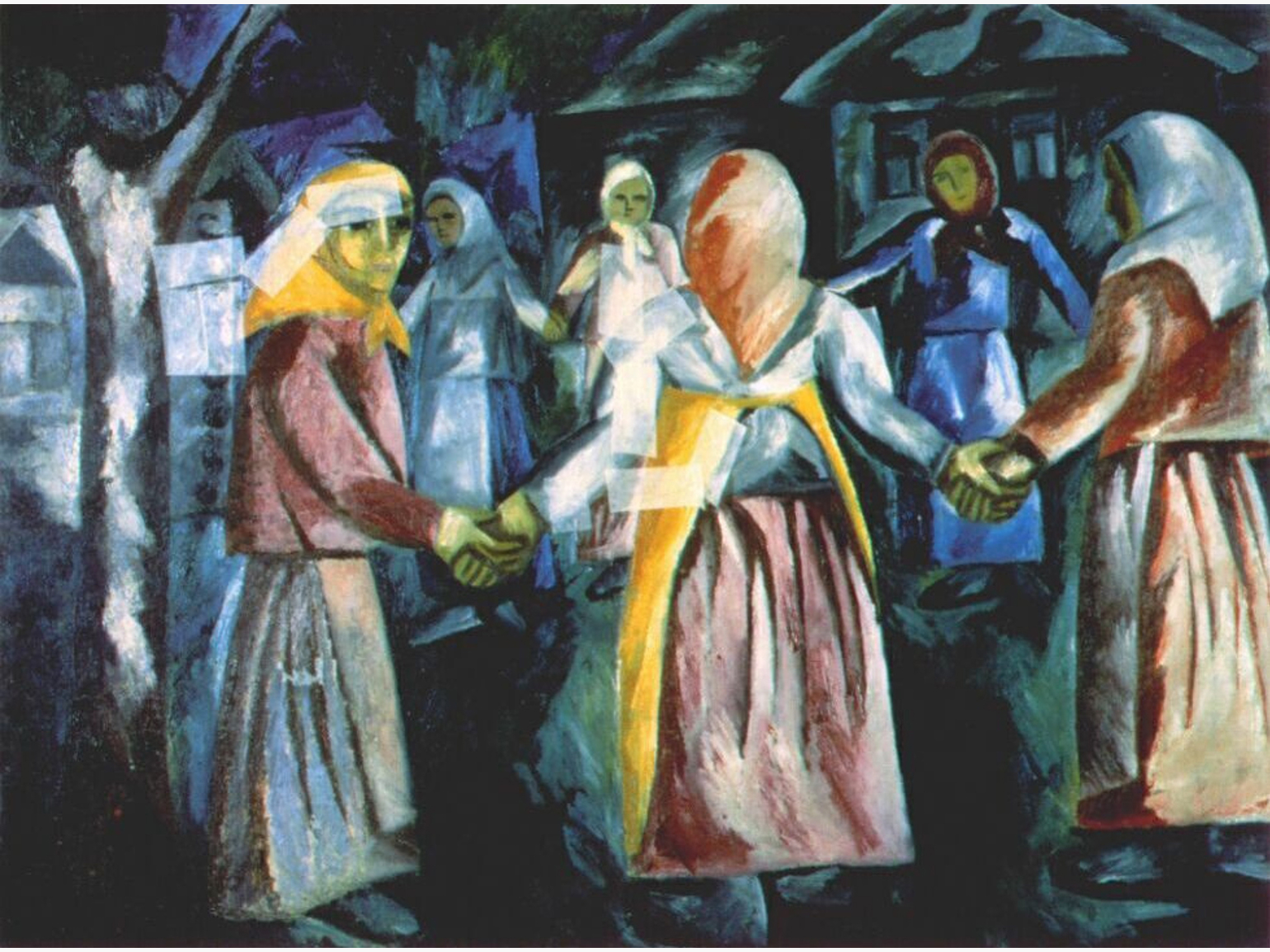 Картина «Хоровод» Натальи Гончаровой, 1910 год — пример русского авангарда начала XX века