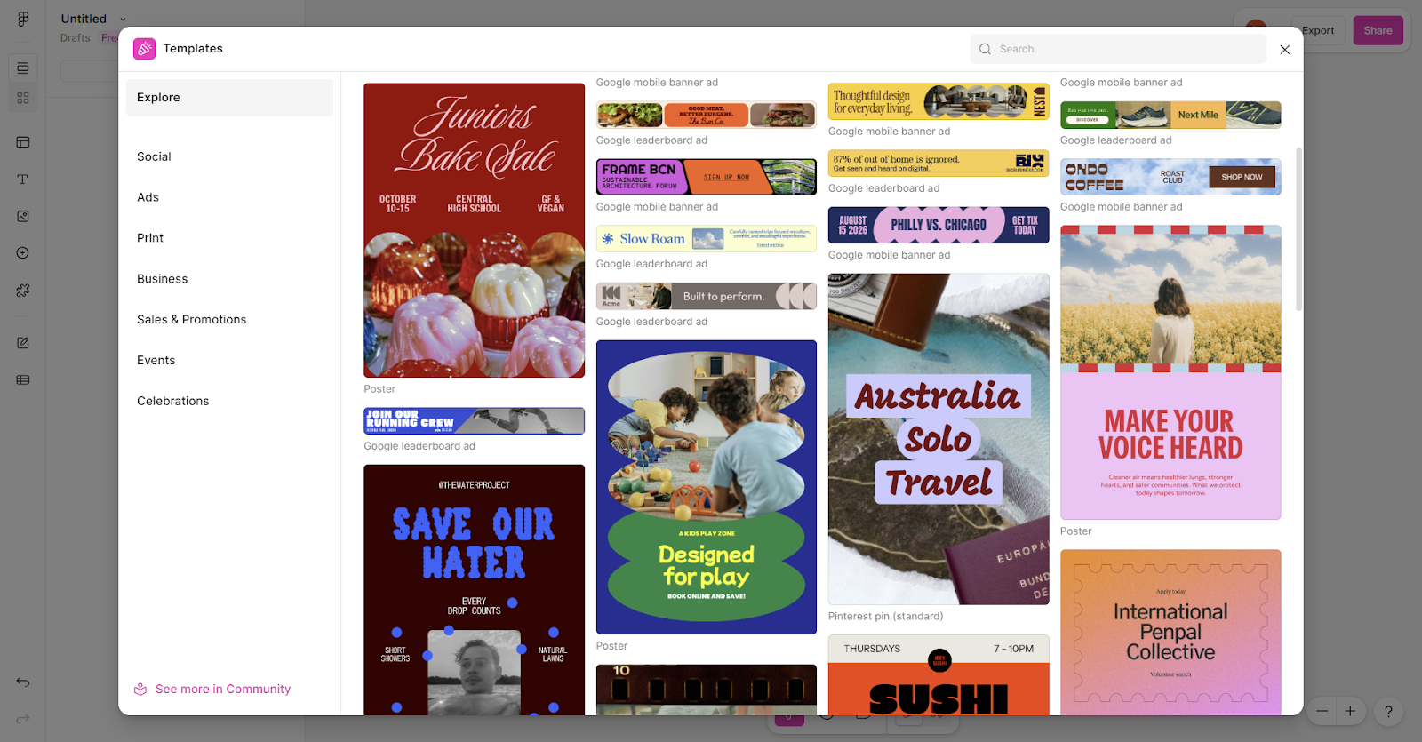 Интерфейс Figma Buzz с подборкой маркетинговых шаблонов — шаблоны для соцсетей Figma, баннеры и брендированные макеты как аналог Canva в Figma