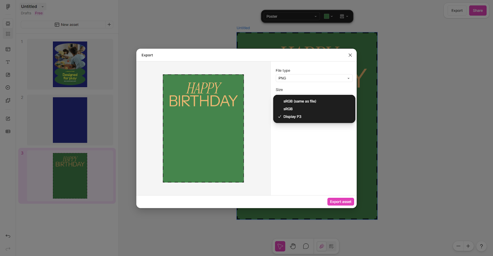 Экспорт дизайна в Figma Buzz с выбором формата и цветового профиля — функции Figma Buzz для маркетологов и дизайн рекламы Figma