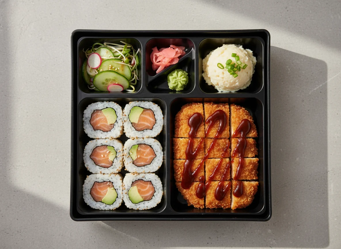 Японский бенто-обед с разделением на секции — наглядный пример, что такое Bento UI и откуда появился Bento layout в дизайне.