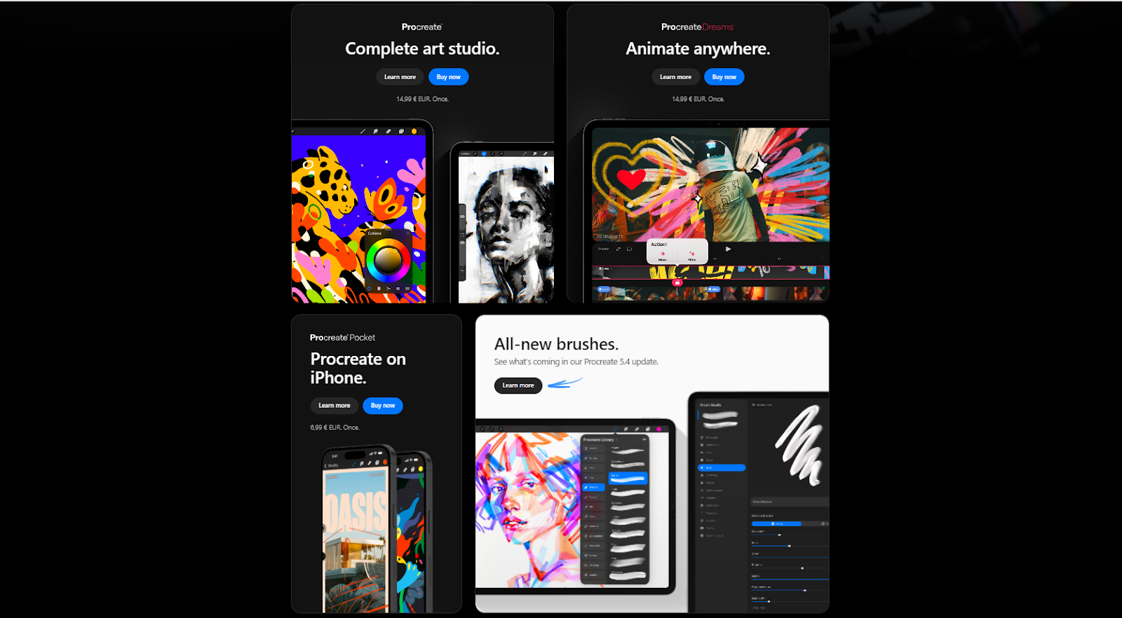 Bento layout в дизайне сайта Procreate — современные интерфейсы с карточками для приложений и обновлений.