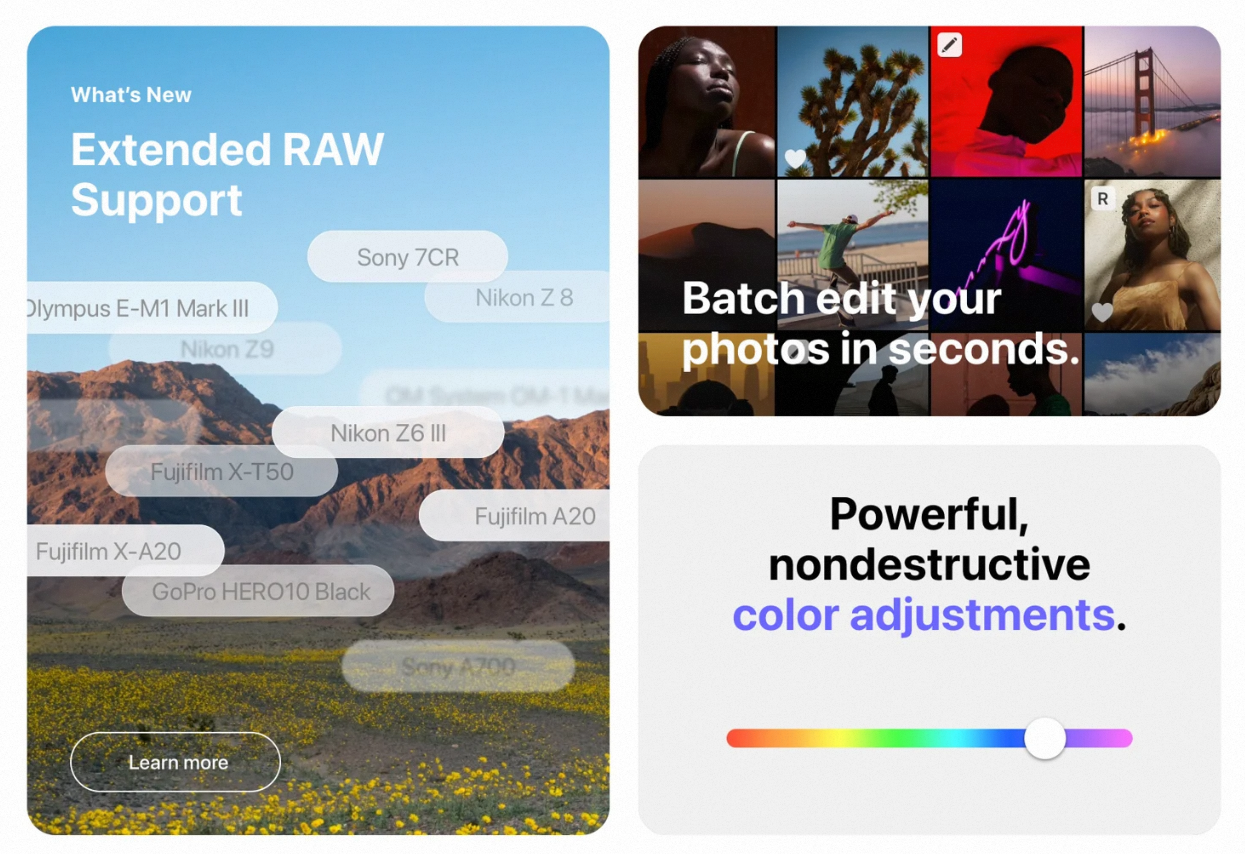 Минималистичный Bento-UI-дизайн интерфейсов на примере Pixelmator — карточки разного формата в единой сетке.