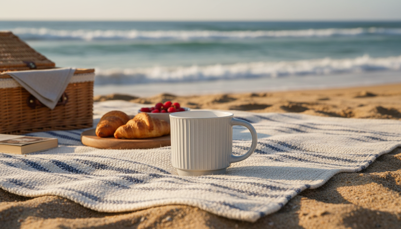 Runway AI генерация видео и изображений: пример Product Reshoot с белой кружкой на пляже, runway нейросеть для дизайнеров.