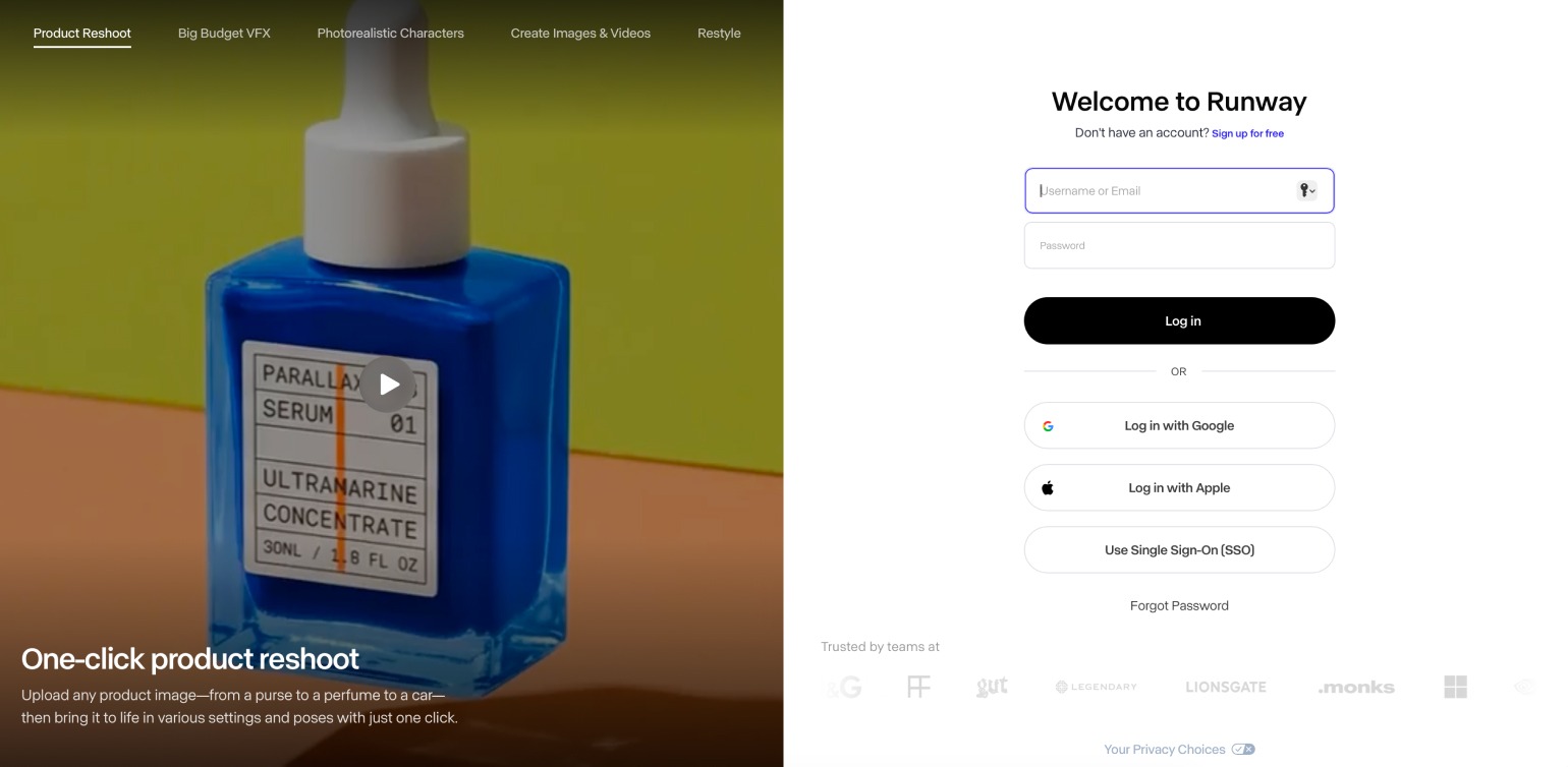 Runway AI: экран входа в нейросеть для генерации видео и изображений.