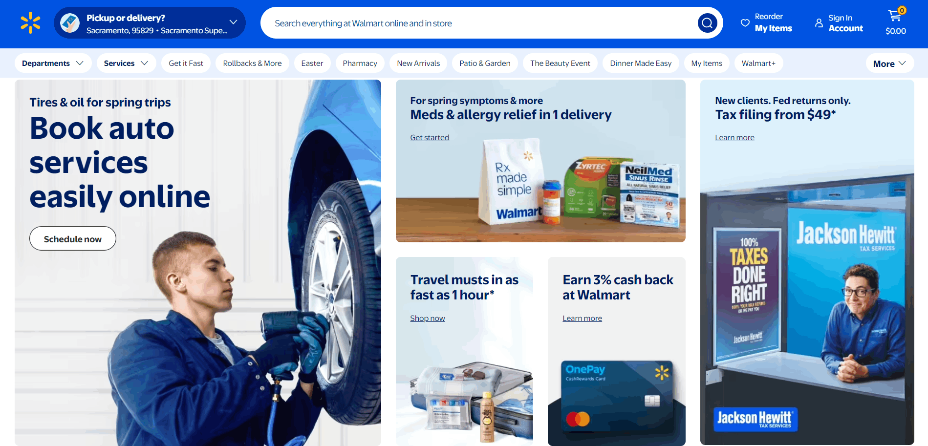 Bento Grid на сайте Walmart — пример Bento Grid в веб-дизайне и карточной сетки для навигации по разделам.
