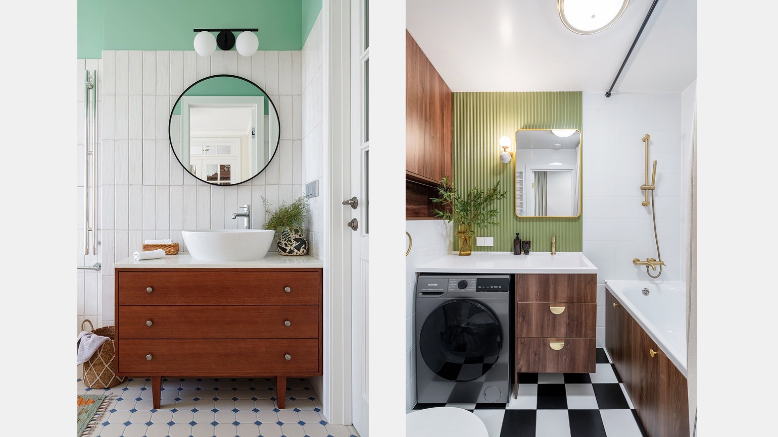 Яркая и контрастная ванная комната в стиле мидсенчури