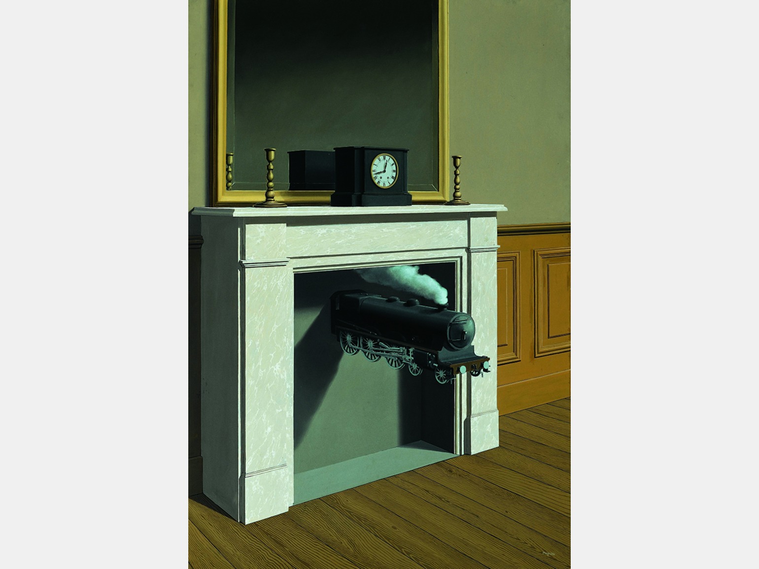 Картина Рене Магритта, где поезд выезжает из камина — «Застывшее время».