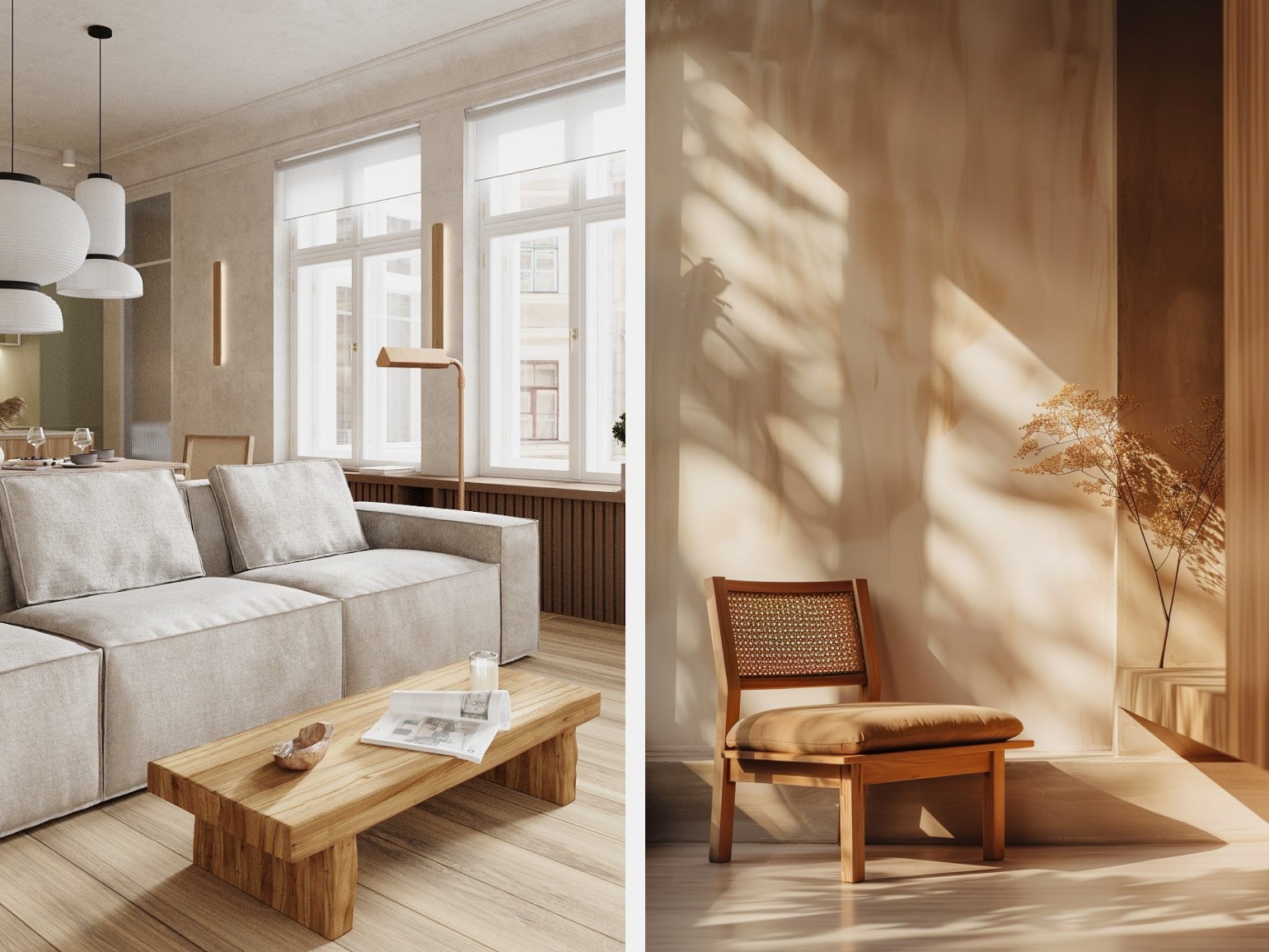 Комната в стиле джапанди с мягкой мебелью, светлыми стенами и тактильным текстилем