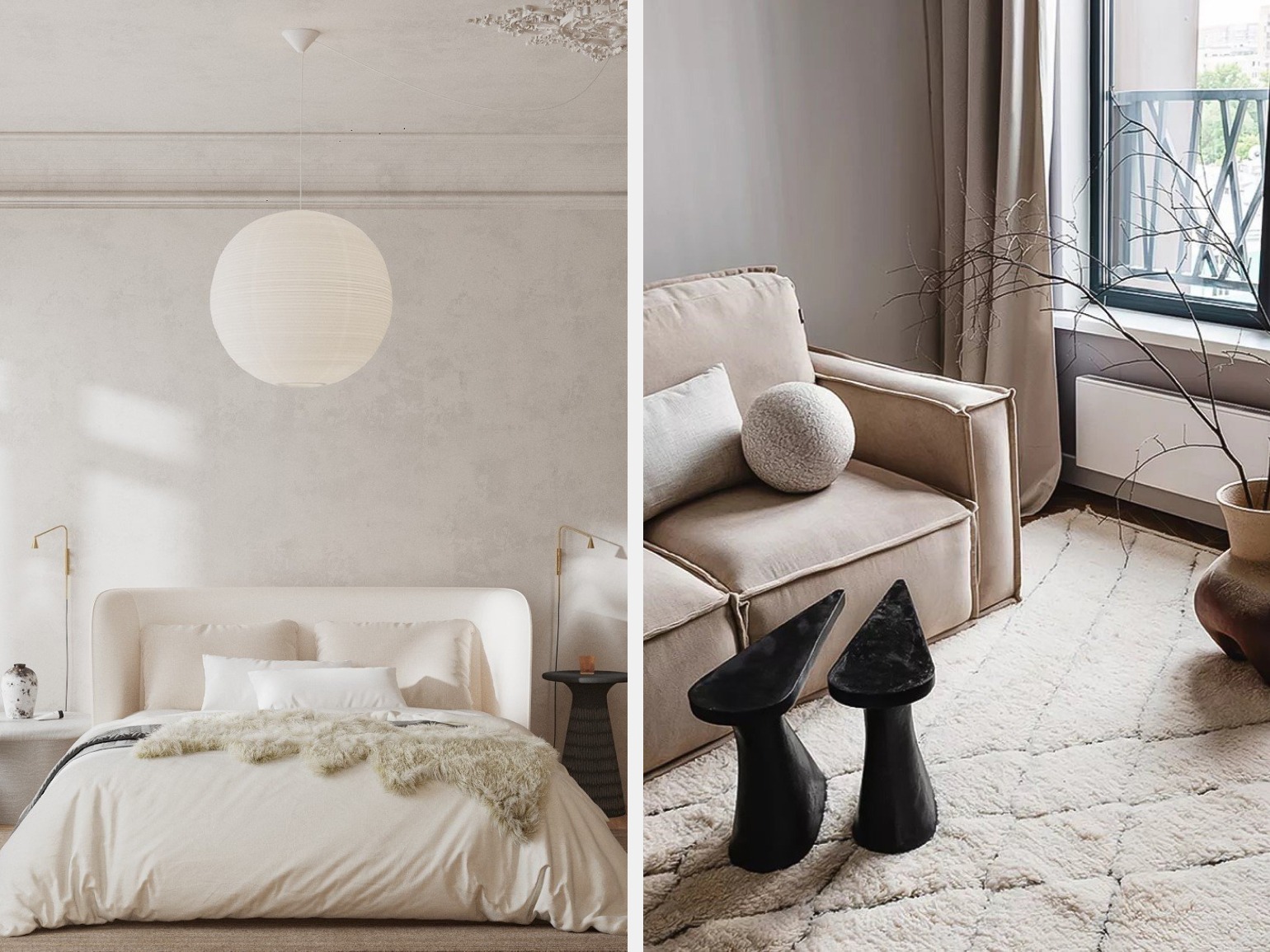 Дизайн квартиры в стиле джапанди: светлая спальня с мягким рассеянным светом и зона отдыха у окна