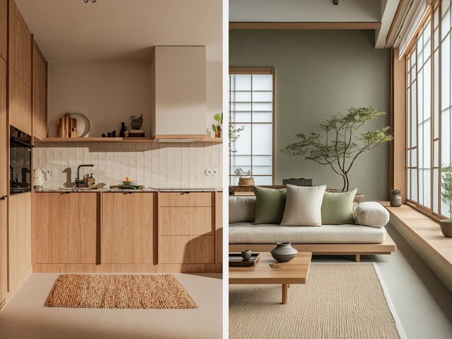 Кухня в стиле джапанди с деревянными фасадами и гостиная с низкой мебелью и большими окнами
