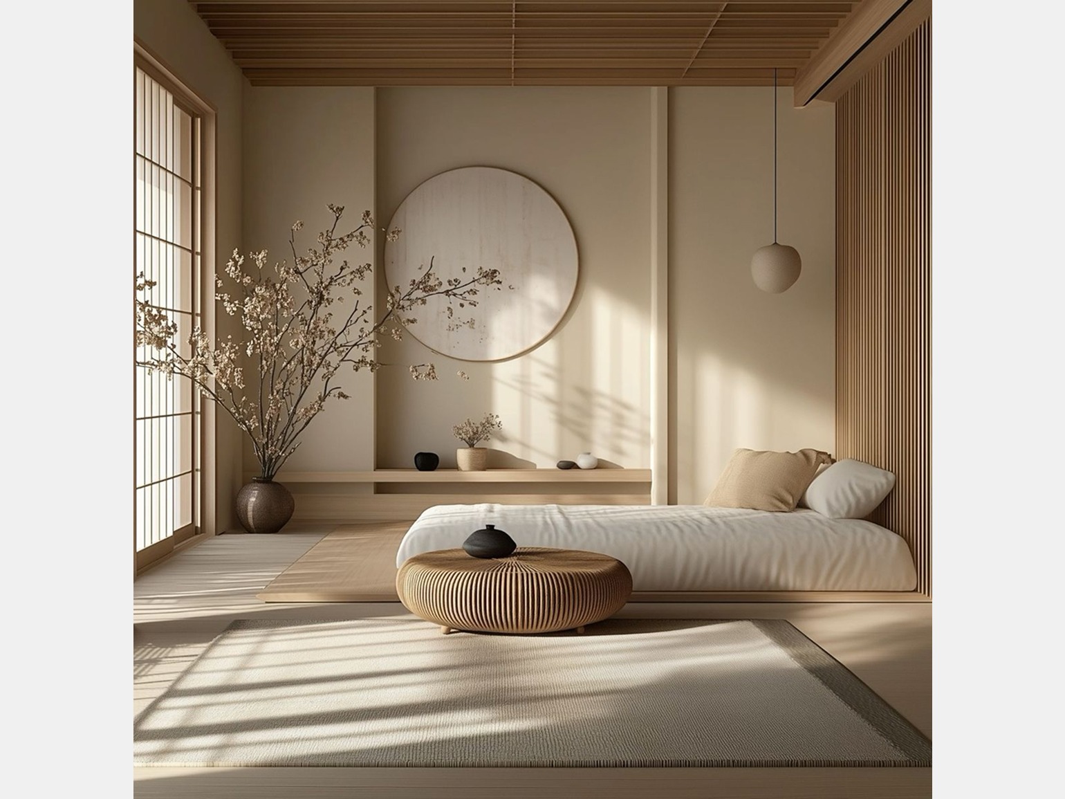 Гостиная в стиле джапанди с низкой мебелью и мягким светом