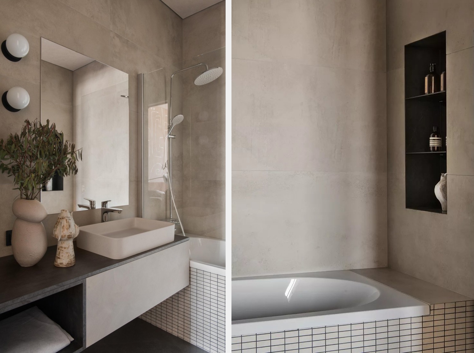 Ванная в стиле джапанди с фактурными стенами, встроенными нишами и минималистичным дизайном