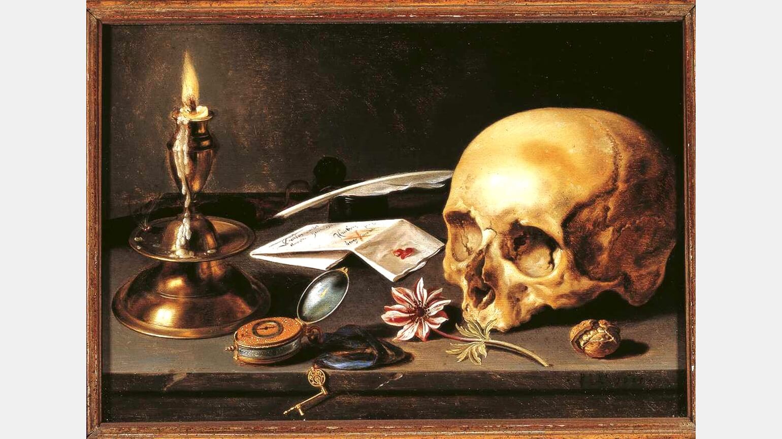 натюрморт в стиле vanitas с цветком и свечой
